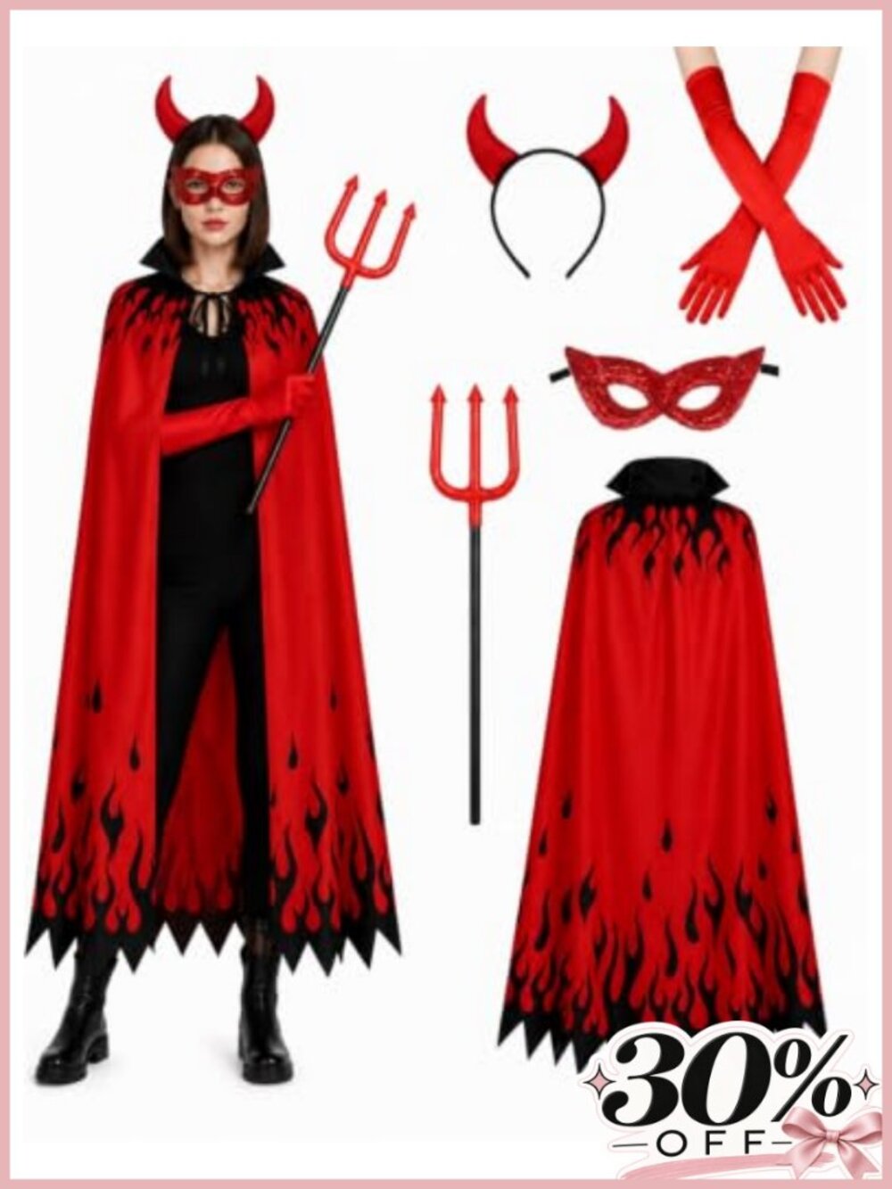 5 Pc Devil Costume Set Flame Cape Trident Horns Gloves Eye Mask Halloween